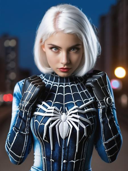 black Spider Man costume,1girl,waist up,solo,lips,(shiny skin:1.2),mole under eye,(White hair:1.1),spider web print,gloves, blury background,depth of field,night scene <lora:ral-jeans-sdxl:1> ral-jeans