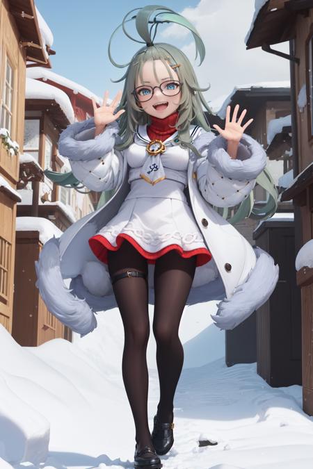 (masterpiece:1.3), (absurdres:1.3), (best quality:1.3), full body, 1girl, looking at viewer, smile, outdoors, snow, full body, waving, <lora:merufi-000005:1>, merufi, long ahoge, blue eyes, bangs pinned back, fur-trimmed jacket, white sailor collar, white jacket, black pantyhose, glasses, white sweater, teeth,