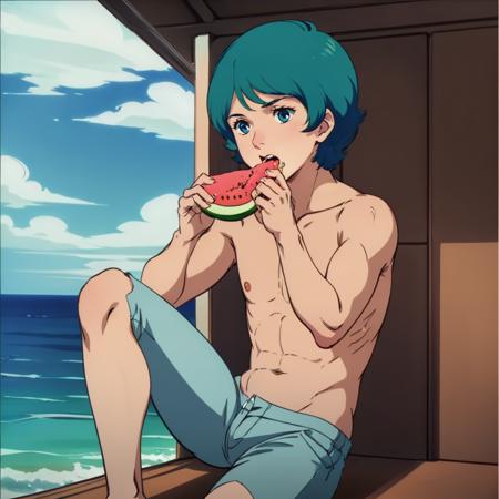 masterpiece,high quality,solo,
<lora:kamillebidan001:0.7>,
kamillebidan,1boy,
short hair,aqua hair,blue eyes,
eating watermelon,
shirtless,short pants,ocean,