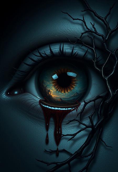 A single, opened eye stares out, its iris a swirling vortex of haunting imagery. The eye's insides are a dark, eerie realm, filled with twisted, nightmarish visions and macabre, gothic landscapes. As the eye begins to leak, the images spill out, like a pool of horror and nightmares, spreading across the surrounding surface. Nearby, a tangled, thorny vine seems to writhe and twist, as if alive, its dark, woody tendrils reaching out like skeletal fingers. Every detail of the scene is meticulously rendered, from the intricate, web-like patterns on the eye's surface to the delicate, glistening tears that well up in its corner. The overall effect is one of chilling, surreal dread, as if the very fabric of reality is being torn apart by the horrors that lurk within. highest-Quality, intricate details, visually stunning, Masterpiece