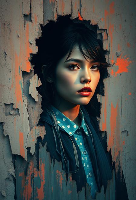 The Echoes of Time ,  faded portrait emerging from a layered, weathered wall, soft glowing orange and pink hues blending into deep blues, fragmented brushstrokes evoking memories dissolving into abstraction,  historical photographic technique, innocence and longing, desolate urban landscape, dark, chaos and vibrancy, high-fashion attire, expressive portraiture, sculptural reimagining, very detailed, dramatic lighting