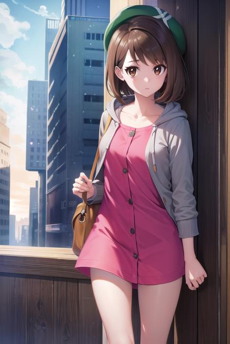 pokemongloria, <lora:pokemongloria-lora-nochekaiser:1>,
pokemongloria, (brown eyes:1.5), brown hair, medium hair, (small breasts:1.2),
BREAK cardigan, dress, green headwear, grey cardigan, hood, hood down, hooded cardigan, long sleeves, pink dress, short dress,
BREAK looking at viewer, full body, upper body,
BREAK outdoors, city, sky,
BREAK <lyco:GoodHands-beta2:1>, (masterpiece:1.2), best quality, high resolution, unity 8k wallpaper, (illustration:0.8), (beautiful detailed eyes:1.6), extremely detailed face, perfect lighting, extremely detailed CG, (perfect hands, perfect anatomy),