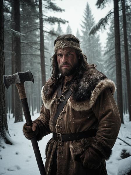 (Cinematic Photo:1.3) of (Ultrarealistic:1.3) An ancient Cro-Magnon warrior dressed in animal skins with a large stone axe in a snowy coniferous forest, blood spatter in the snow, SK_ANALOGFILM, very wide shot, masterpiece, best quality, photorealistic, full body shot, smooth detailed skin, highly detailed, RAW photo, ultra detailed photography, sharp focus, high resolution, 8k UHD, DSLR, high quality, film grain, Fujifilm XT3, DOF, bokeh, dramatic lighting, high contrast, skin pores, pores, skin blemishes, rough skin, raytracing, subsurface scattering, moody colors, dark theme, deep shadows, contrast, volumetrics rays, <lora:add-detail-xl:1.2> <lora:Into_Darkness:0.8> <lora:RMSDXL_Creative:0.8>,Highly Detailed,(Desaturated:1.3)