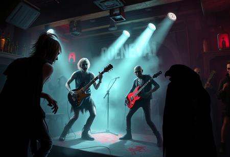 Zombies perform on stage, one zombie holding guitar, another zombie holding microphone, bar, crowded room, fog, skeletons, werewolf, vampire looking at zombies