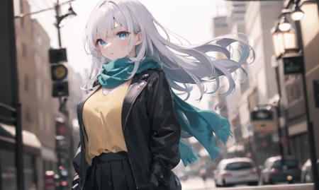 finely detail, Depth of field,best quality, illustration,highres,intricate detail, an extremely delicate and beautiful,
1girl, long hair, shirt, yellow shirt, (namess koishi:0.4), disheveled hair, breasts black jacket, black sleeves,white hair, green scarf, blue eyes, ,skirt,  
city,  <lora:20240107-1704597280257-0013:0.5>