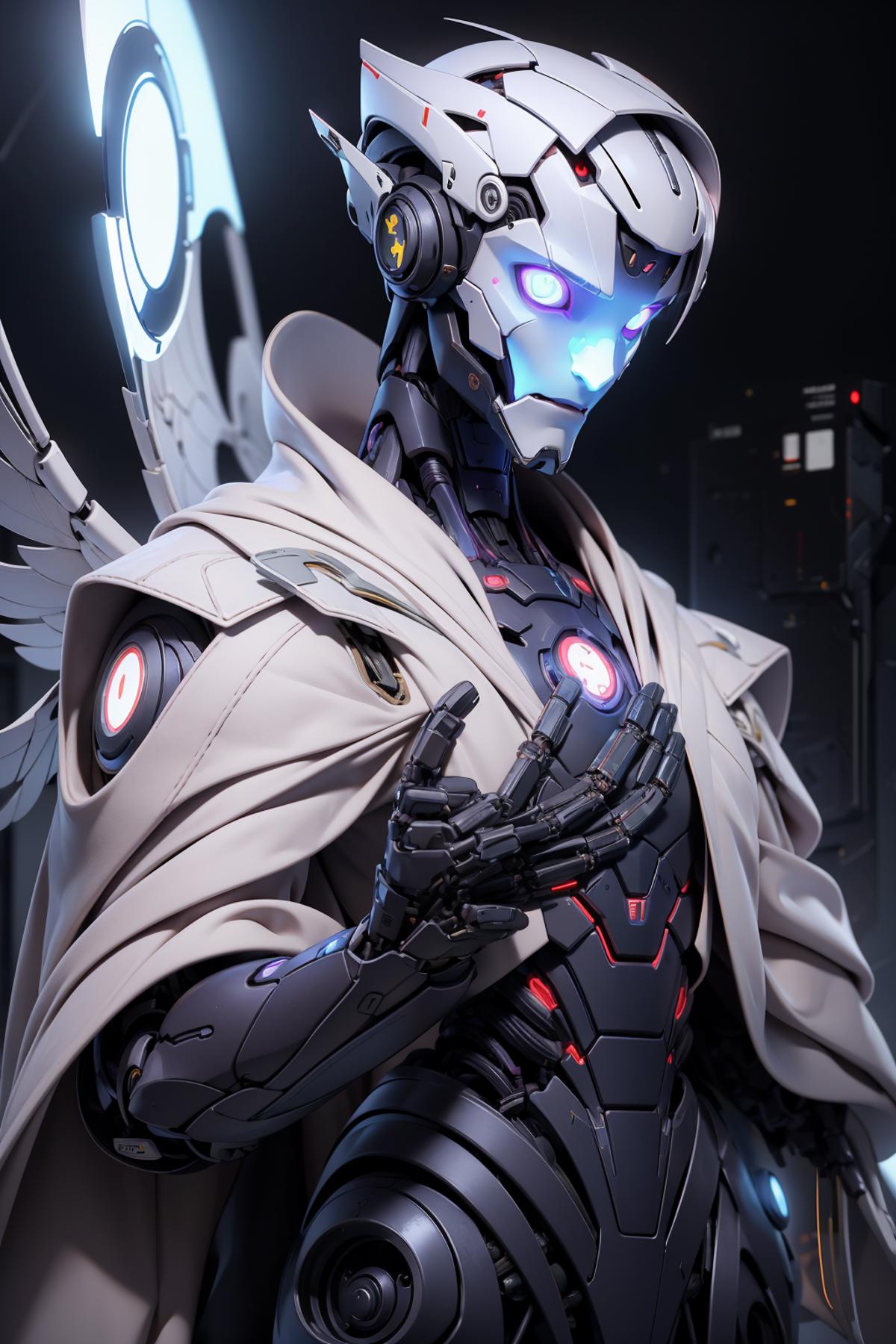 An artistic rendering of a robot wearing a white coat and wings, with its chest opened, revealing a glowing heart.