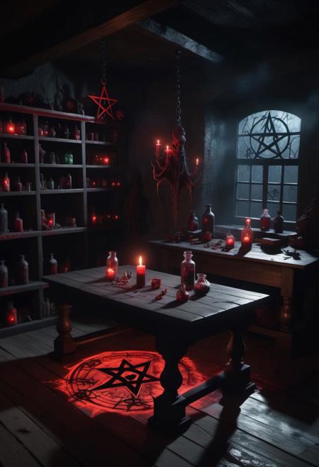  masterpiece, Dark basement, remnants of an arcane ritual, a (sinister necromance1.6) casting spells, satanic, Necronomicon sitting on a workshop table, pentagram drawn in red on the floor, potions and fuming viles fill the shelves. (Caustic lighting effects 1.4) (RTX 1.4)