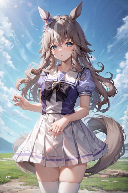 masterpiece, best quality,
wonder acute \(umamusume\),
tracen school uniform, purple shirt, pleated skirt, puffy short sleeves, white skirt, puffy sleeves, summer uniform, frilled skirt, sailor collar, sailor shirt, miniskirt, frills, white thighhighs
<lora:wonder_acute_loha:0.8>