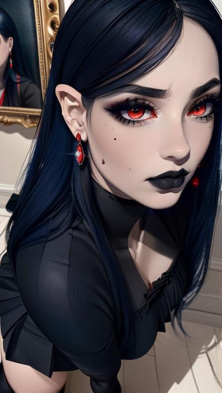 (best quality), (masterpiece), (detailed), (realistic), ((the whole body is in the frame)), (looks at the viewer), 1 girl, (dark blue hair, black lipstick, red eyes, black narrow pupils, red drop earrings, thick long eyelashes), black tight skirt, black blouse, black shoes, black tights, a mole on the left cheek from below, (<lora:agata:0.8> agata:1.5) , <lora:Background_Detail_v3:0.7> <lora:hairdetailer:0.6>, <lora:GoodHands-vanilla:0.8>