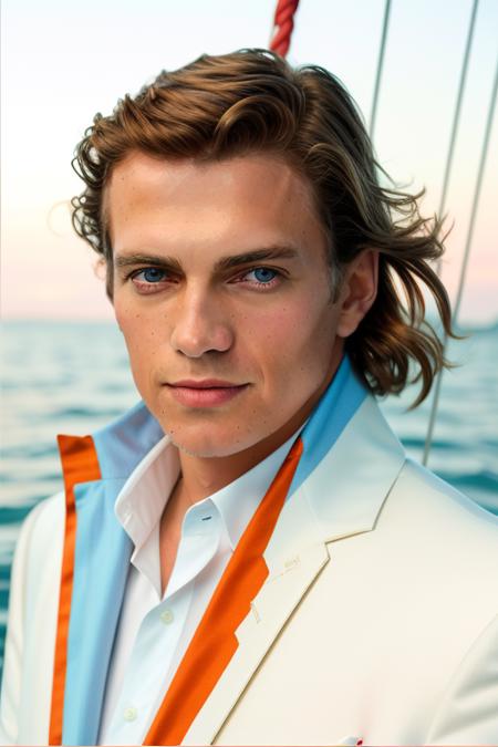 raw photo of a man, on a yacht on the ocean, stunning white suit, extreme close up, 8k uhd, fujifilm xt3