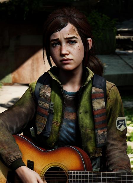 ellie williams the last of us tlou girl 1girl solo freckles realistic green eyes portrait shirt lips short hair ponytail backpack looking at viewer dirty bag closed mouth