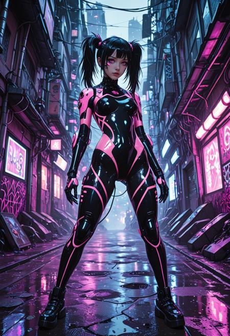 portrait shot of an anime emo girl with black and pink twin tails, partial cybernetic body with exposed skin and high-tech implants on arms, legs, spine, asymmetric bodysuit in black and pink latex with cutouts revealing biomechanical interfaces, glowing wires under skin, rainy neon-lit cyberpunk alley, reflective ground, chaotic graffiti, cinematic lighting, absurd detail, masterpiece, ultra high resolution, futuristic, cyber fantasy, biomechanic, mobe-cybideen, <lora:CyberBioDetailEnhancerV1:0.60>,