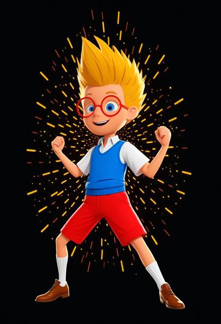 Character, Lewisrobinson, blonde spiky hair,red glasses, blue vest, red shorts, white shirt, cartoon style, brown shoes, white socks.  proud face, excited pose, in the style of golden future. gears are falling as meteor shower colored baroque geometric patterns float around the canvas in the style of colorful digital art. The image has a futurist aesthetic with a nice futuristic disorder and psychedelic color palette. Black background, neon lights, glitch art, surrealism, high contrast, vibrant colors, psychedelic patterns, ethereal glow. The overall mood should be one of happy tomorrow and hopefull beauty.It's like something in the style of science fiction.Lewisrobinson, cartoony, by ardidon