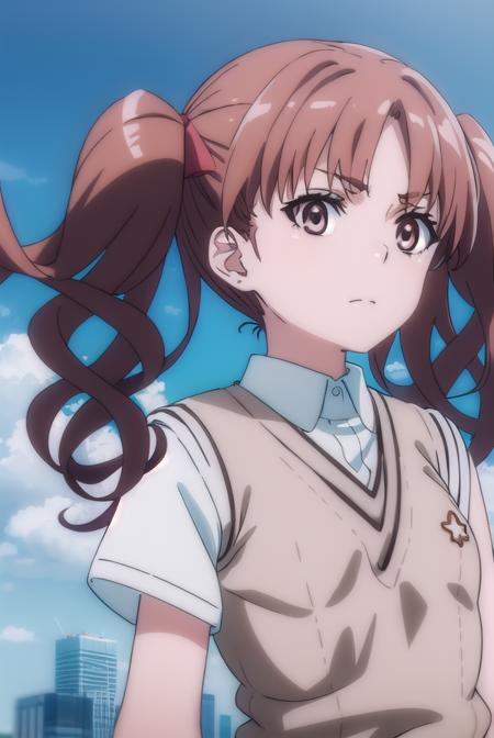 kurokoshirai, <lora:kuroko shirai s3-lora-nochekaiser:1>,
kuroko shirai, brown hair, long hair, (parted bangs:1.5), (brown eyes:1.7), ringlets, twintails, hair bow, bow, red bow, (small breasts:1.2),
BREAK armband, black skirt, collared shirt, dress shirt, pleated skirt, safety pin, school uniform, shirt, short sleeves, skirt, summer uniform, sweater vest, tokiwadai school uniform, twintails, white shirt, (brown sweater vest:1.5),
BREAK outdoor, city, sky, sun, clouds,
BREAK looking at viewer, (cowboy shot:1.5),
BREAK <lyco:GoodHands-beta2:1>, (masterpiece:1.2), best quality, high resolution, unity 8k wallpaper, (illustration:0.8), (beautiful detailed eyes:1.6), extremely detailed face, perfect lighting, extremely detailed CG, (perfect hands, perfect anatomy),