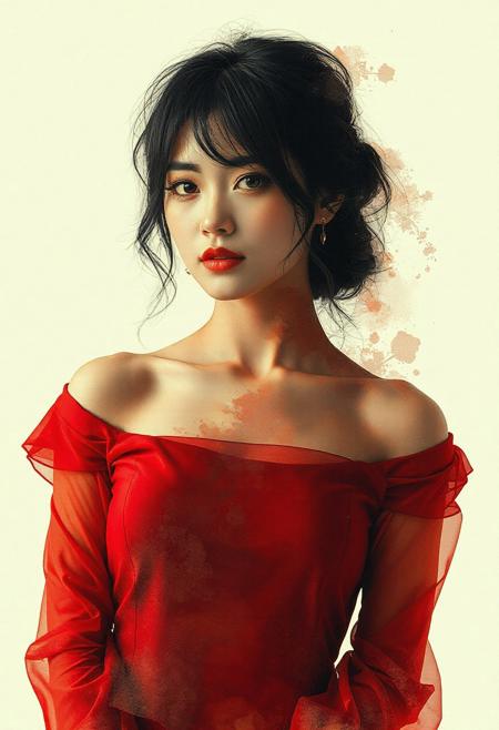 photorealistic ink poster, double exposure image, the first image is located at the top, it shows a portrait of a beautiful oriental woman in a short red dress, with disheveled hair, bare shoulders, slightly parted lips, detailed fabric, [masterpiece], [best quality], chiascuro,
