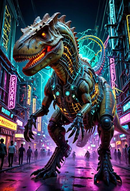 (masterpiece:1.2), best quality, ultra-detailed, (portrait of a colossal bio-mechanical T-Rex soaring through a neon-drenched cityscape at night:1.3), its body a complex lattice of glowing Transistors and shimmering chrome, (an intricate electronic robot rider with a sleek, polished obsidian-like chassis seamlessly integrated with the dinosaur's back:1.2), the robot's form defined by pulsating energy conduits and microscopic integrated circuits, volumetric lighting casting long, dramatic shadows, a sense of immense scale and power, cinematic, awe-inspiring, (glowing neon signs of the city reflecting off the metallic surfaces:1.1), high contrast, vibrant colors, aidmaImageUpgrader, zzTrex, therapod, T-Rex