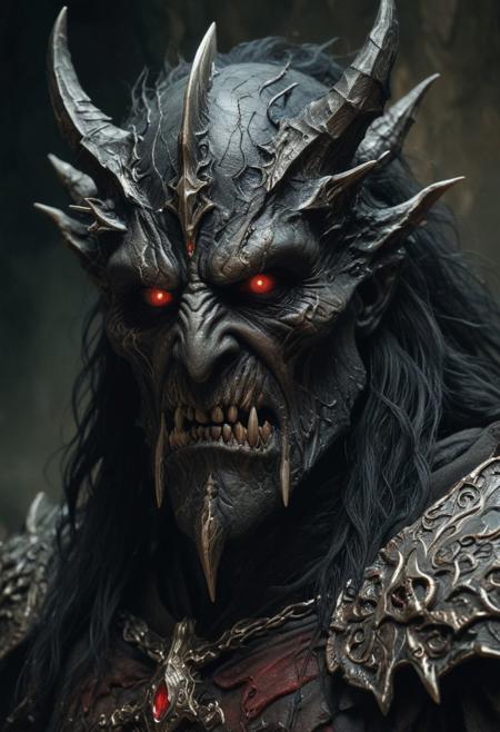 Close Up shot of the Morgoth from The Lord of the Rings, Low saturation color photography, vintage, grunge, top light, masterful painting in the style of Anders Zorn | Marco Mazzoni | Yuri Ivanovich, Todd McFarlane, Aleksi Briclot, oil on canvas