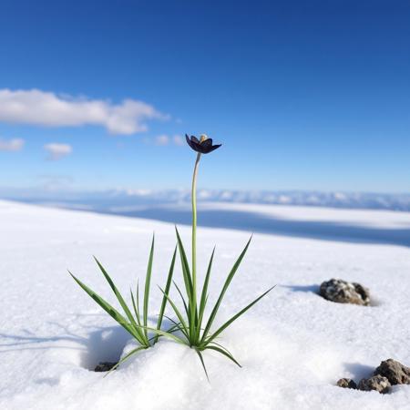 Image depicts a small, single flower growing on a snow-covered mountain. It has slender green spear shaped leaves from which a single stalk with a majestic  flower grows, its fragile black petals shimmer in the cold morning light. The fragile bloom appears as a small beacon of hope in a harsh world. The sky is clear with a few scattered clouds, and across the barren white snowfield a distant horizon shows a range of mountains under a blue sky. The snow on the ground is pristine, with a few rocks protruding through the surface. There are no people visible in the image. The overall scene conveys a sense of isolation and rugged natural beauty.