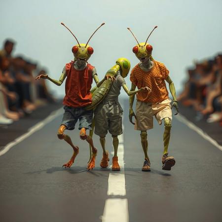 (5 theme things, (5 theme things are grasshoppers and bipedal machines and the type is random, left up to you), theme things to be; transformed into human, embodied in human body, incarnated in human body, humanised,; anthropomorphic theme things, anthropocentric theme things, (anthropocentric, anthropomorphic, anthropocentric), anthropomorphise theme things Doing, putting themed objects into the category of anthropomorphic, Three anthropomorphic themed objects walking down a runway, posed dancing, shot looking up from below with ground in, Pet Polsonified, ( tail), summer clothes.