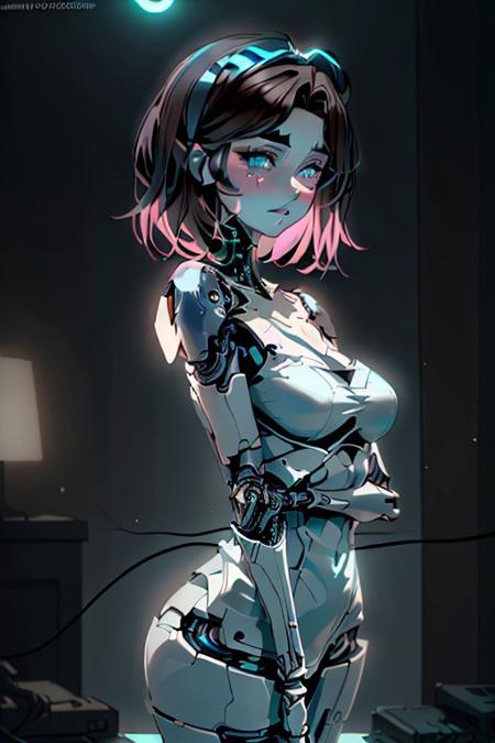 Close-up of a futuristic female android with a partially revealed mechanical structure. Her human-like face has pale, smooth skin with a natural makeup look, emphasizing soft pink lips and lightly blushed cheeks. Her striking bright blue eyes have a slight glow, framed by long, dark lashes and perfectly shaped dark eyebrows. The right side of her neck and jaw are exposed, revealing intricate mechanical parts, including metallic cables, joints, and panels. The android has shoulder-length dark brown hair, styled smoothly and pulled back, with no visible hair accessories. She wears a simple white garment, which is partially visible and minimalist in design. The mechanical details seamlessly blend with her human appearance, creating a harmonious contrast.   A deep, dark background with soft, diffused lighting that gradually fades from black to a subtle gradient of dark green, adding an eerie, futuristic atmosphere. The background is intentionally minimalistic, with no additional elements, to maintain focus on the subject. The lighting emphasizes the metallic details of the android while casting slight shadows on her face, enhancing the depth and realism of the image.     <lora:FluxMythP0rtr4itStyle:0.7> MythP0rt, <lora:aidmaImageUpgrader-FLUX-V0.1:0.33> detailmaximizer,