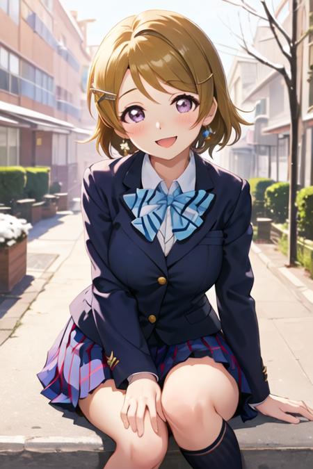 best quality, masterpiece, highres, solo, {koizumi_hanayo_lovelive:1.15}, short_hair, brown_hair, purple_eyes, smile, blush, open_mouth, hair_ornament, 1girl, blazer, jacket, otonokizaka_school_uniform, school_uniform, winter_uniform, bow, skirt, looking_at_viewer