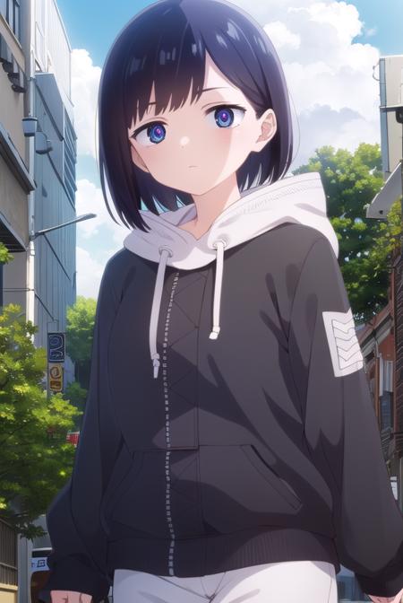 kanaichikawa, <lora:kana ichikawa s1-lora-nochekaiser:1>,
kana ichikawa, short hair, bangs, blue eyes, black hair, (ringed eyes:1.5),
BREAK jacket, hood, hoodie, hood down, drawstring,
BREAK outdoors, city, sun, sky, clouds,
BREAK looking at viewer, (cowboy shot:1.5),
BREAK <lyco:GoodHands-beta2:1>, (masterpiece:1.2), best quality, high resolution, unity 8k wallpaper, (illustration:0.8), (beautiful detailed eyes:1.6), extremely detailed face, perfect lighting, extremely detailed CG, (perfect hands, perfect anatomy),