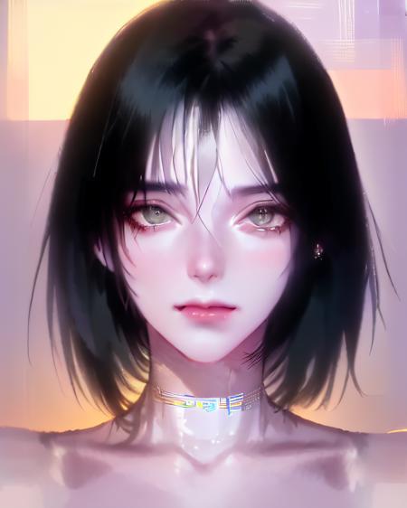 DBfantasyart, close up portrait female, (black hair), green eyes, long hair, smirking, standing in a street, at night,  <lora:graphic_illust_12: 0.4>