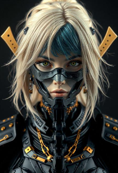 Front View Portrait of a female blonde Humanoid with a futuristic black and gold samurai armor, robotic humanoid face, advanced technology, blue hair, her neck is covered with a matte black steel robotic device, golden jewelries, Centered Composition, cyberpunk, hip-hop aesthetics, intricate details, realistic shadows and details, ultra sharp, sharpness, extremely detailed, superb quality, 8K, Vibrant colors, saturated colors, high contrast, studio lighting,