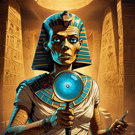 comic book style, detective mummy, surprised expression, magnifying glass, ancient Egyptian artifact (glowing), crime scene, pyramid chamber, dramatic perspective, dynamic pose, cel-shaded, vibrant colors, bold outlines