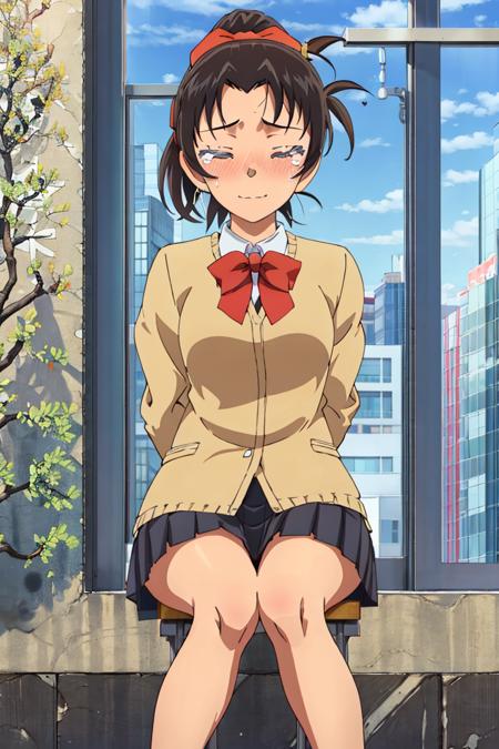 kazuhatv,1girl,solo,short hair,hair ribbon,ponytail,small breasts,school uniform, pleated skirt,sky,cityscape,sitting, looking at viewer,closed eyes, nose blush,Wipe away tears,happy, 

<lora:kazuhatv:0.8>