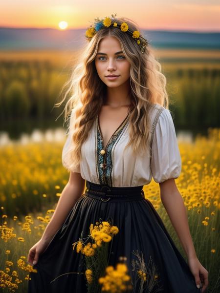 best quality,masterpiece,((a {British} woman)),<lora:Bohemain_v1.1-000009:0.8>,pendant,jewelry,white dress,straight hair,braid, blue eyes,light smile,upper body,((messy hair)),(grassland),(yellow eyes),incredibly absurdres,(gold hair),floating hair,Large number of environments,the medieval ,grace,prospect,water eyes,wind,breeze,god ray,lawn,Mountains and lakes in the distance,The sun shines through the trees,A vast expanse of grassland,beautiful detailed glow, floating ashes, beautiful and detailed explosion, red moon, fire, fire cloud, wings on fire, a cloudy sky, smoke of gunpowder, burning, black dress, dove of peace, (floating cloud:1.2),(water bloom), (delicate glow),  (breeze), long   Flowers meadow,(((sunset)), (less stars form a circle), randomly distributed clouds, (rivers), (willows with branches falling into the water),mazinger,flower on head,