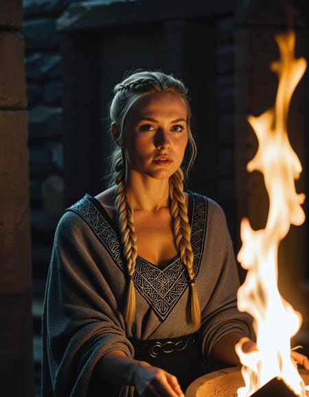 RAW full body image of a gorgeous 25 years old Gorgeous Viking Woman blond, hair in a ponytail, <lora:NordicByNature:0.8>,Keeper of Sacred Fire, A Viking woman tending a ceremonial flame in a grand temple, her expression solemn as she honors the gods.,high quality, film grain, Fujifilm XT3, 8k uhd, dslr, film grain, kodak tri-x 400 film, grain photo DOF, faint lighting, dynamic angle, cinematic, Depth of field, bokeh, best quality, cinematic, light particles, highly_detailed, very_aesthetic, golden hour, beautiful_and_aesthetic clear focus, high resolution image, (soft naural light), (rembrandt light), (soft shadows) ,Sexy pose, erotic pose, exhibitionism,