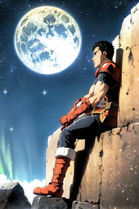 guts \(berserk\), 1boy, armor, aurora, boots, campfire, cloud, constellation, crescent moon, earth \(planet\), full moon, galaxy, light particles, male focus, milky way, moon, moonlight, night, night sky, planet, shooting star, sitting, sky, solo, space, space craft, star \(sky\), star \(symbol\), starry background, starry sky, starry sky print