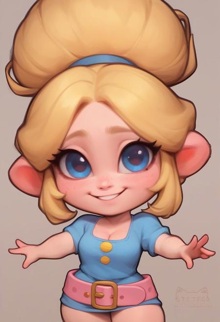 score_9, score_8_up, score_7_up, <lora:bspiper:1>bspiper , 1 girl blonde hair  ,hair bun    ,blue dress , ,pink belt ,upper body,  ,short sleeves,short dress,  <lora:Kittew-4RCH0N:1> cleavage, bright smile, looking at viewer, (chibi:1.2), (shortstack:1.2), (big head:1.2)
