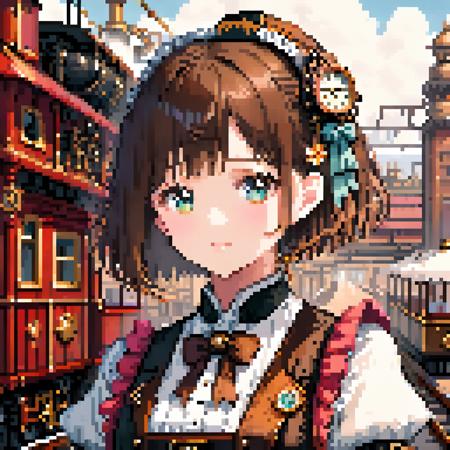 <lora:pixel_stormXL:1>,pixel art,
(extremely detailed CG unity 8k wallpaper),(masterpiece), (best quality), (ultra-detailed), (best illustration),(best shadow), (an extremely delicate and beautiful), dynamic angle, floating, finely detail, (bloom), (shine), glinting stars, classic, (painting), (sketch), Taisho steampunk, (steampunk:1.2) (1girl:1.7), (2020s), (cute face:1.3), anime face, ((solo)), beautiful detailed face, shiny hair, colorful clothes, (kimono), (Japanese maid), maid dress, maid headdress, hair flower, hair ornament, (Frill), Brass Pocket Watch, extremely delicate and beautiful girls, beautiful detailed eyes, cowboy shot, steam train, building architecture, (Japanese style architecture), (street:1.2)