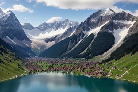 mountain, lake, clear water, best quality, alpine mountains, mountain village, photorealistic, realism,