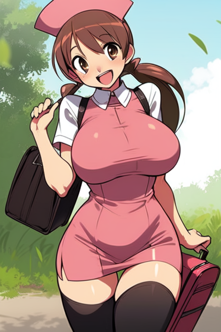 smile, open mouth, large breasts, thighhighs, bag, solo, looking at viewer,nurse, nurse cap, brown hair, long hair, brown eyes