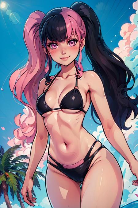 Zoe_Rayne, 1girl, solo, pink eyes,  multicolored hair, two-tone hair, split-color hair, twintails, long hair, black hat, animal ear headwear, black choker, black jacket, cropped jacket, choker, belt, miniskirt, black skirt, necklace, pendant,  midriff, crop top