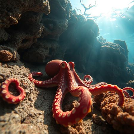 a very detailed close picture of a n octopus underwater near an intricate rock formation, sunlight pasing throw water