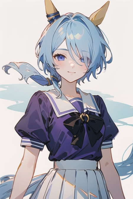 <lora:KSMUMA-06:0.6>,k.s.miracle, 1girl, solo, looking at viewer, smile, short hair, blue eyes, skirt, shirt, bow, animal ears, closed mouth, school uniform, blue hair, upper body, short sleeves, pleated skirt, puffy sleeves, bowtie, sailor collar, hair over one eye, puffy short sleeves, white skirt, horse ears, horse girl, purple bow, purple shirt, sailor shirt, tracen school uniform, summer uniform, purple bowtie, horseshoe ornament