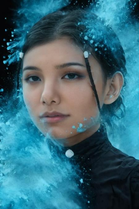 ice blue color splash, black background <lora:colorSplash:1> <lora:katara:1> katara, Kiawentiio . 35mm photograph, film, bokeh, professional, shot by sohrab hura, 4k, highly detailed