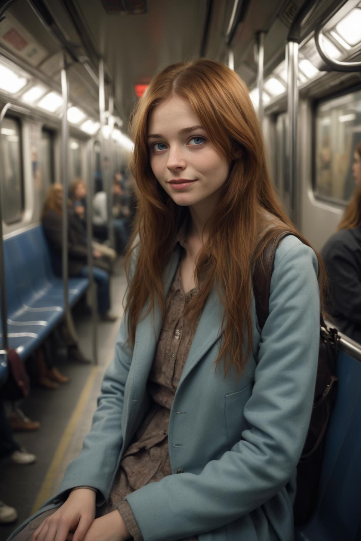 A woman in a blue jacket and brown purse sitting on a subway train.