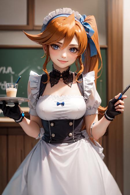 (masterpiece, best quality:1.2), <lora:aa_cykes-10:0.8>, solo, 1girl, athena cykes, smile, holding tray, orange hair, maid headdress, frills, maid uniform, maid apron, single glove, partially fingerless gloves, single earring, crescent earrings