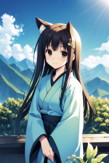 detailed background,best quality,masterpiece,cinematic lighting,highly detailed, BREAK, warm,(bright day, sky, clean sky, outdoors, scenery, mountains:1.3), BREAK, (Rainforest, ancient trees, Mountain, breathtaking natural landscape, soft light, ray tracing, Strange architecture, layered scenery, magnificent, grand:1.3), 1girl,blush,sitting,facing viewer,dog ears ,ears down,animal ears,animal ear fluff,upper body, long hair,pupils,very long hair, brown hair,japanese clothes,smile,hair ornament,kimono,upper body,straight hair,
 <lora:tenmu:1>