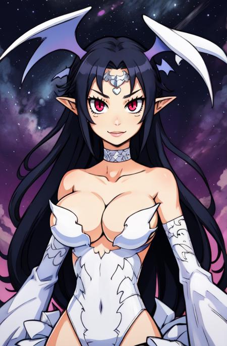 melodia,pointy ears,breasts,solo,long hair,red eyes,black hair,head wings,
jewelry,cleavage,white dress with frills,white choker,leotard,collarbone,detached sleeves,
standing,upper body, smil, 
circlet,collarbone,stars, night, 
(insanely detailed, beautiful detailed face,beautiful detailed eyes, masterpiece, best quality),
 <lora:melodia-10v6:0.8>