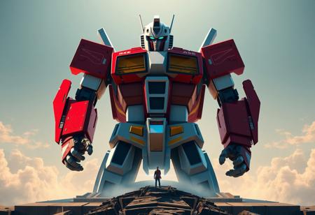 Design a Gundam fused with Optimus Prime, towering above a small person on a Chronomaly Pyramid Eye Tablet, inspired by the symmetrical styles of Werner Andermatt and the gentle hues of Muqi. The fusion should be perfectly symmetrical, with a color scheme primarily consisting of red, yellow, and blue. The environment should resemble an details image, with the Gundam-Optimus Prime fusion as the main focus. The image should be rendered using Octane Render and Unreal Engine, showcasing a level of detail and realism that would make it trending on ArtStation.