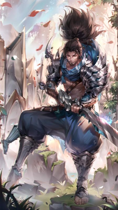 yasuo, league of legends, yasuo_(league_of_legends), 1boy, weapon, male focus, sword, facial hair, solo, beard, sheath, ponytail, brown hair, holding, long hair, holding weapon, armor, brown eyes, outdoors, holding sword, katana, muscular, tree, looking at viewer