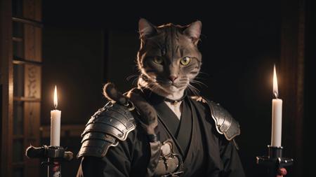 agressive and powerful (anthropomorphic (cat):1.4) (samurai:1.2), extremely detailed hyperrealistic masterpiece, best quality, high resolution uncompressed raw photo, wearing ancient ((japanese) armor:1.2) (holding a katana:1.6), stern warrior, swordsman, gloomy and atmospheric, agressive, ancient japan, candle lit, dark at night, upper body photo
