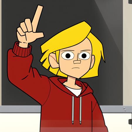 masterpiece,best quality, 1boy,short hair,yellow hair, wears red hoodie,peace sign<lora:Twelveforeverstyle:1>