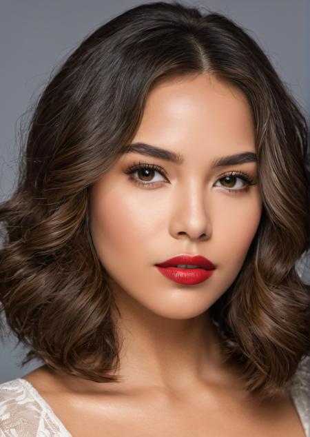 (Close-up photo:1.5) of woman's face, (from front:1.5),  camera is positioned at just the right angle to emphasize the captivating gaze and the intensity of her expression, focusing primarily on her eyes, mouth, and lips, 29 years old, woman, Venezuelan, almond-shaped eyes displaying a mix of mystery and intrigue, eyebrows are well-groomed, accentuating her expressive eyes,mesmerizing shade of brown, flecked with gold hues <lora:DetailedEyes_V3:0>, nose is slightly aquiline,full luscious lips are the focal point of her face, bold red lipstick, subtle prominent cheekbones,heart-like face shape,delicate jawline, smooth complexion, flawless and radiant skin, even skin tone, realistic skin details, luscious hair with glossy locks, strands are styled in loose, tousled curls, hair texture is voluminous yet lightweight, detailed face, detailed feet, detailed skin,expression hints at a sense of playfulness and a secret desire, sense of intimacy, (hyperrealism, soft light, sharp), Cannon EOS 5D Mark III,85mm lens,  f/1.4, clean backdrop, film grain, smooth, sharp focus, high resolution, award winning photo, masterpiece, intricate detail, octane render, cinematic shot, realistic lighting, sharp focus, rule of thirds, cinematic lighting, soft sunlight, detailed shadows, realistic shadows, <lora:LowRA:0.4>,  <lora:add_detail:0.5>
